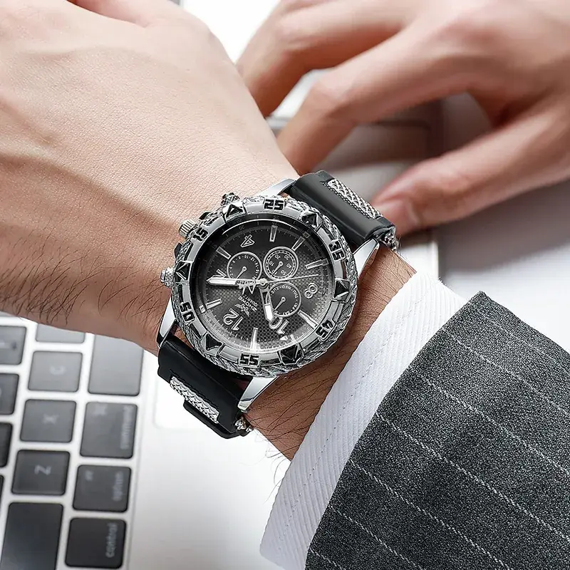Men's Luxury Chronograph Watch with Diamond Dial & Black Silicone Band - Image 7