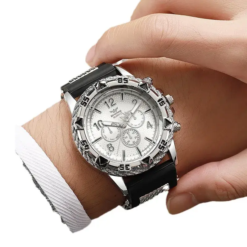 Men's Luxury Chronograph Watch with Diamond Dial & Black Silicone Band - Image 8