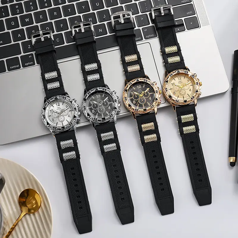 Men's Luxury Chronograph Watch with Diamond Dial & Black Silicone Band — feature 2