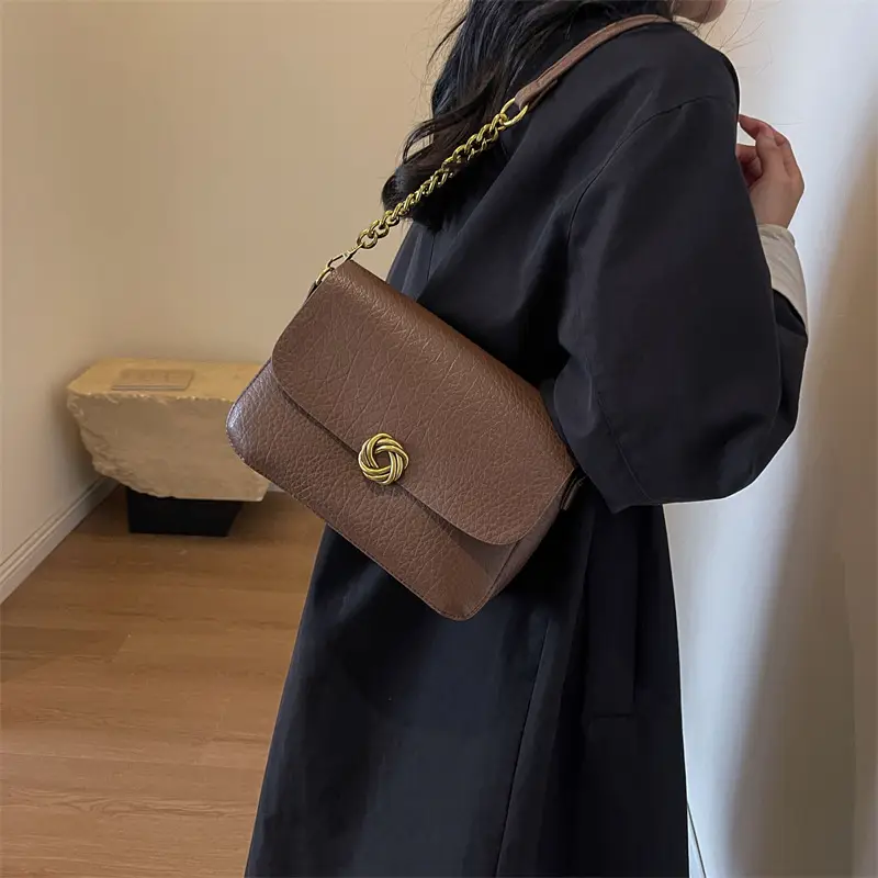 Women's Brown Leather Crossbody Bag with Chain Strap