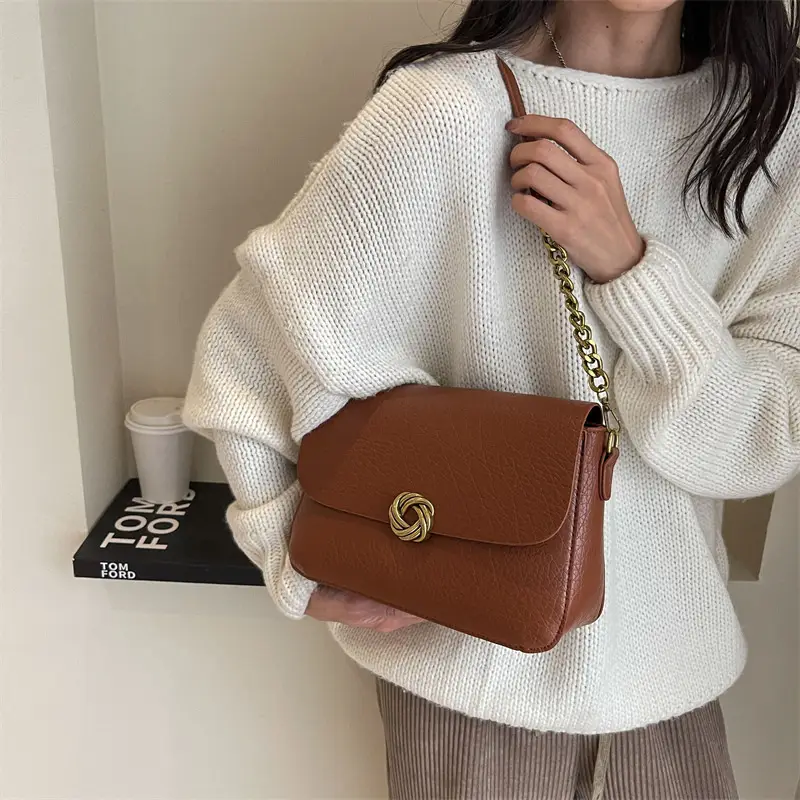 Women's Brown Leather Crossbody Bag with Chain Strap