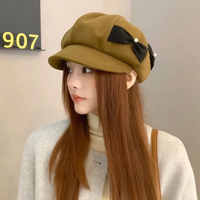 Women's Black Pearl Bow Octagonal Beret for Autumn Winter Casual - Image 2