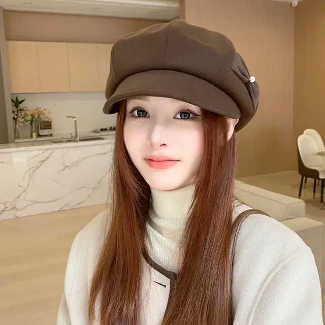 Women's Black Pearl Bow Octagonal Beret for Autumn Winter Casual - Image 3