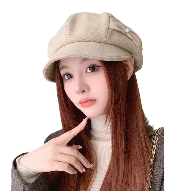 Women's Black Pearl Bow Octagonal Beret for Autumn Winter Casual - Image 5