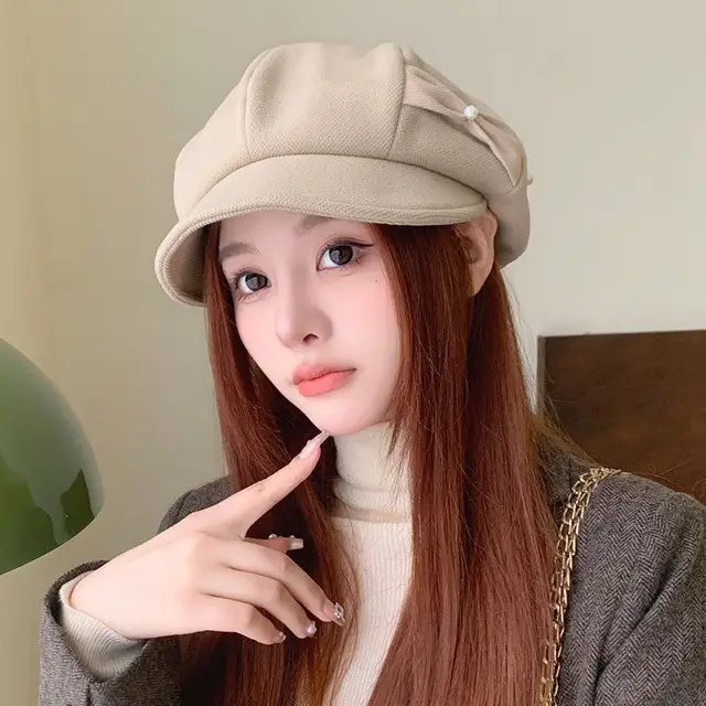 Women's Black Pearl Bow Octagonal Beret for Autumn Winter Casual — feature 5
