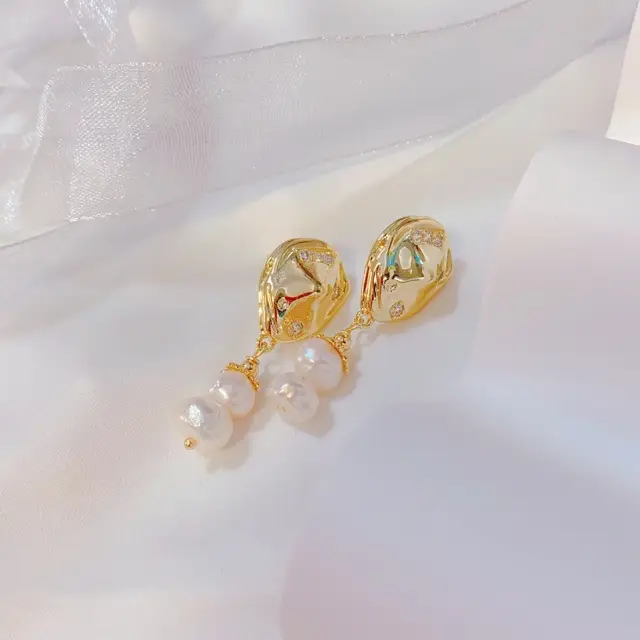 Japanese Korean Geometric Pearl Earrings Gold Plated - Image 2