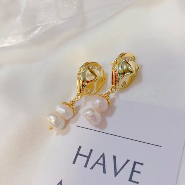 Japanese Korean Geometric Pearl Earrings Gold Plated - Image 4