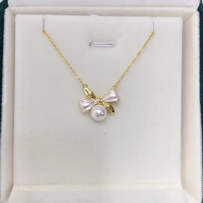 Pearl Bow Necklace with Gold Chain for Women - Image 4