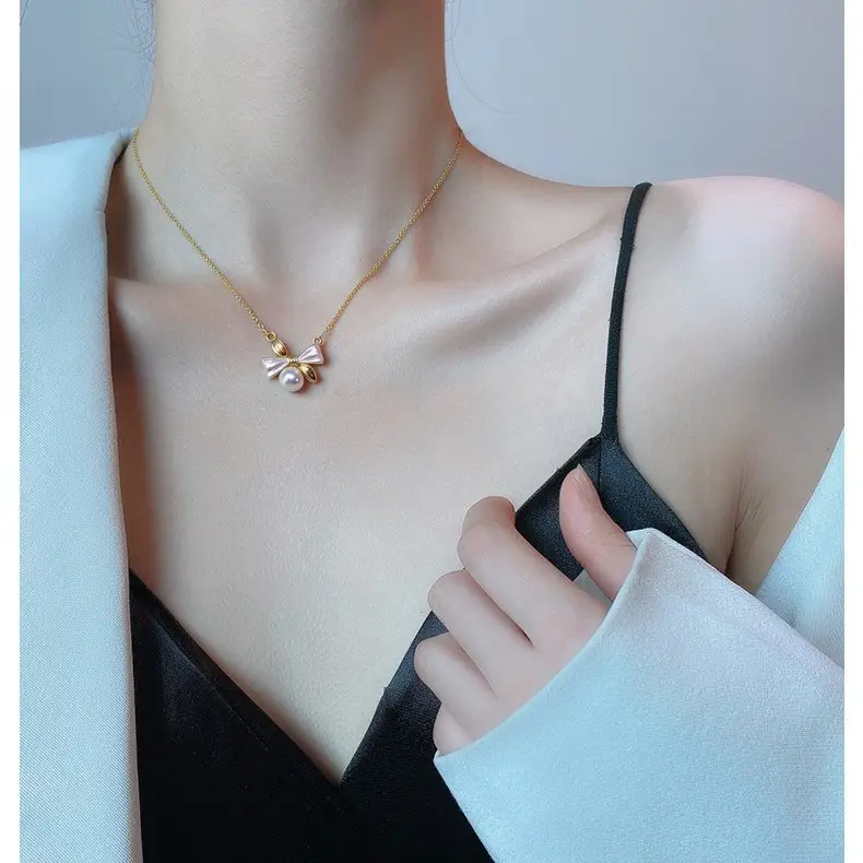 Pearl Bow Necklace with Gold Chain for Women - Image 5