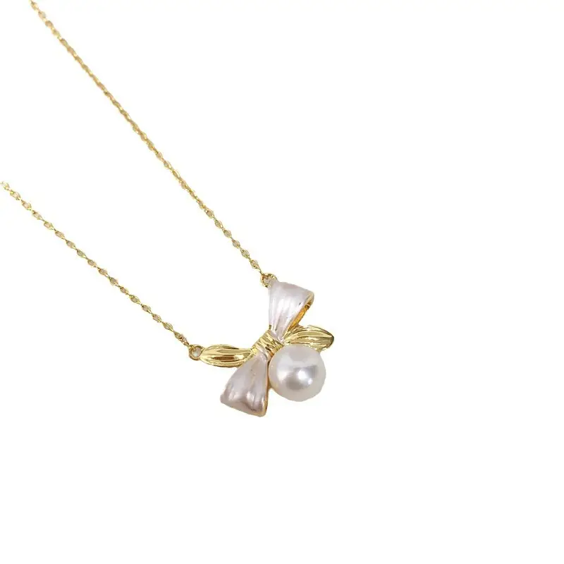 Pearl Bow Necklace with Gold Chain for Women - Image 6