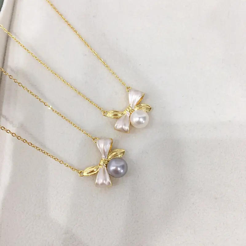Pearl Bow Necklace with Gold Chain for Women — feature 8