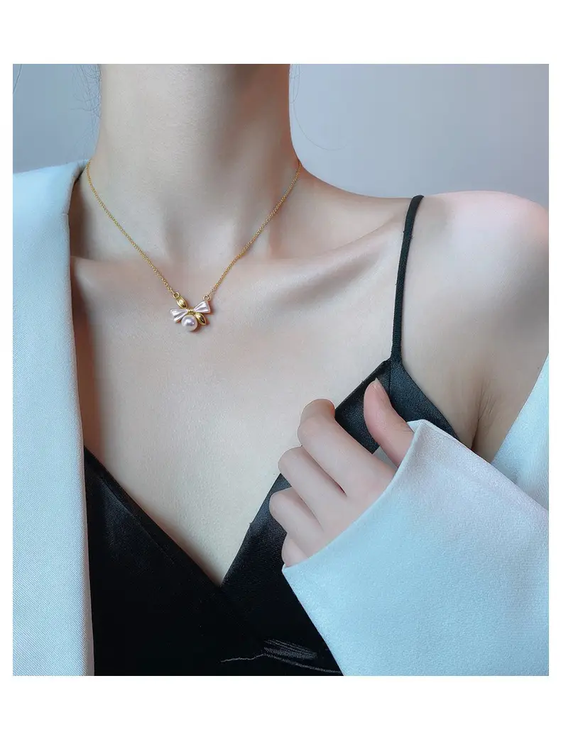 Pearl Bow Necklace with Gold Chain for Women — feature 9