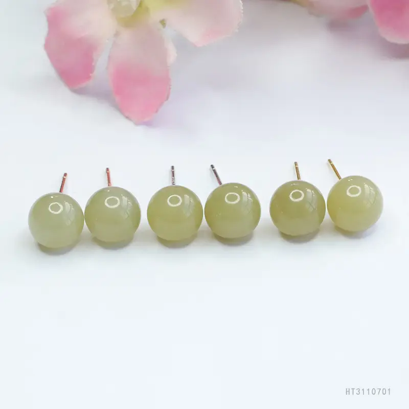 Guan Yu Silver Inlaid Hetian Jade Earrings Clear Water Round Beads - Image 5