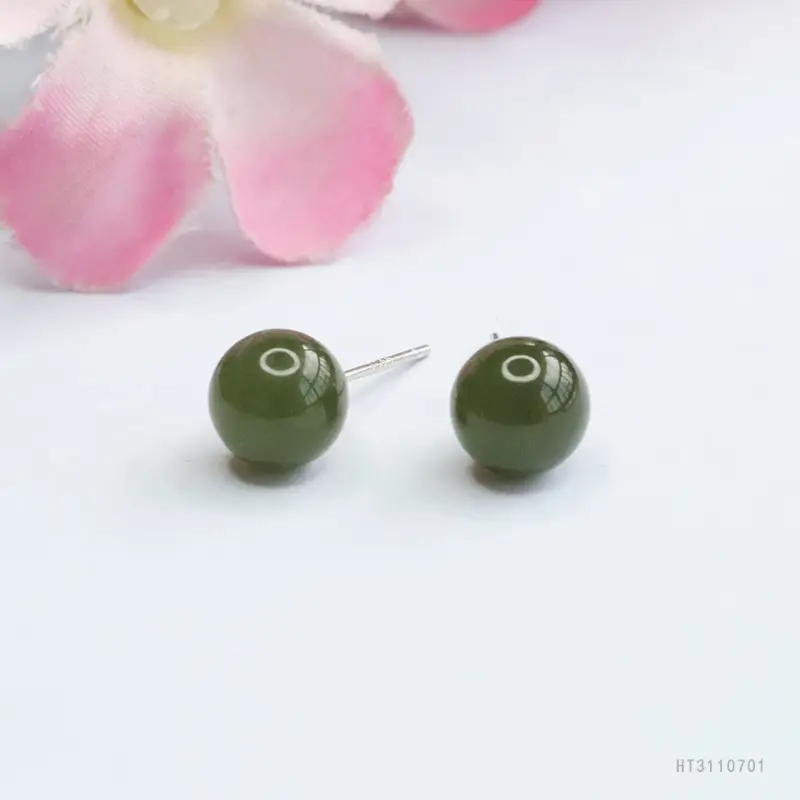 Guan Yu Silver Inlaid Hetian Jade Earrings Clear Water Round Beads - Image 6