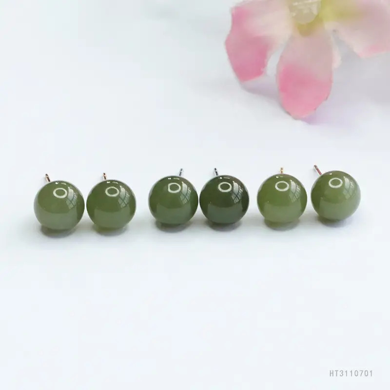 Guan Yu Silver Inlaid Hetian Jade Earrings Clear Water Round Beads - Image 7