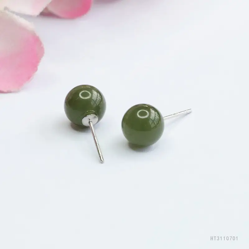 Guan Yu Silver Inlaid Hetian Jade Earrings Clear Water Round Beads — feature 13