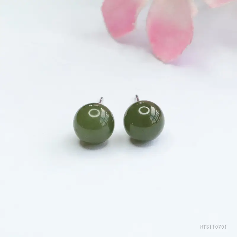 Guan Yu Silver Inlaid Hetian Jade Earrings Clear Water Round Beads — feature 14