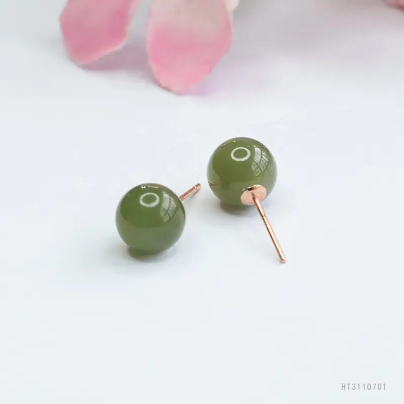 Guan Yu Silver Inlaid Hetian Jade Earrings Clear Water Round Beads — feature 15