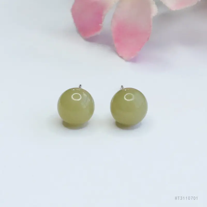 Guan Yu Silver Inlaid Hetian Jade Earrings Clear Water Round Beads — feature 5