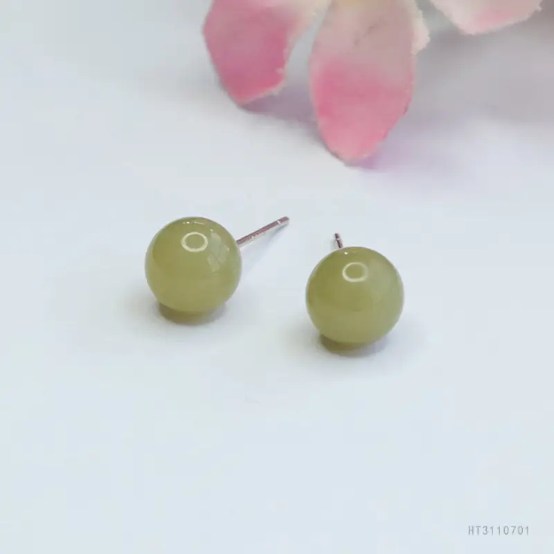 Guan Yu Silver Inlaid Hetian Jade Earrings Clear Water Round Beads — feature 7