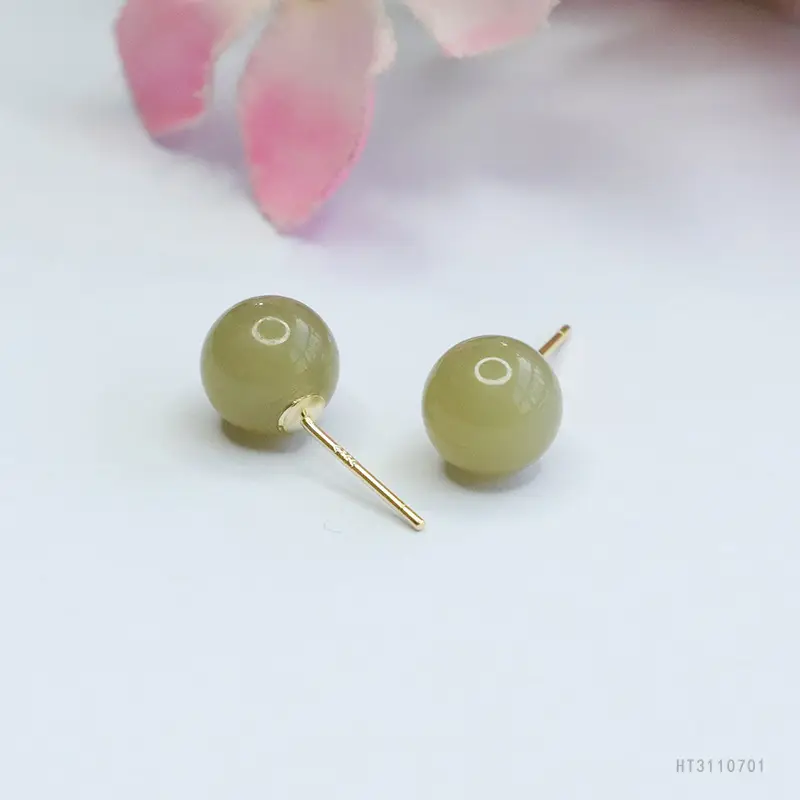 Guan Yu Silver Inlaid Hetian Jade Earrings Clear Water Round Beads - Image 2