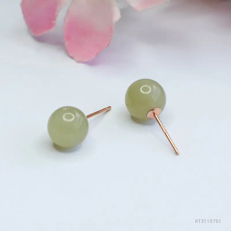 Guan Yu Silver Inlaid Hetian Jade Earrings Clear Water Round Beads - Image 3
