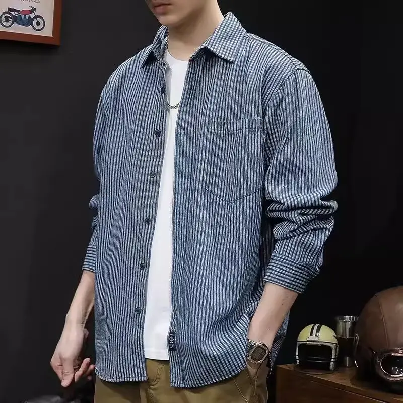 Men Blue Striped Long Sleeve Shirt Casual City Boy - Image 4
