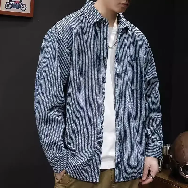 Men Blue Striped Long Sleeve Shirt Casual City Boy - Image 5