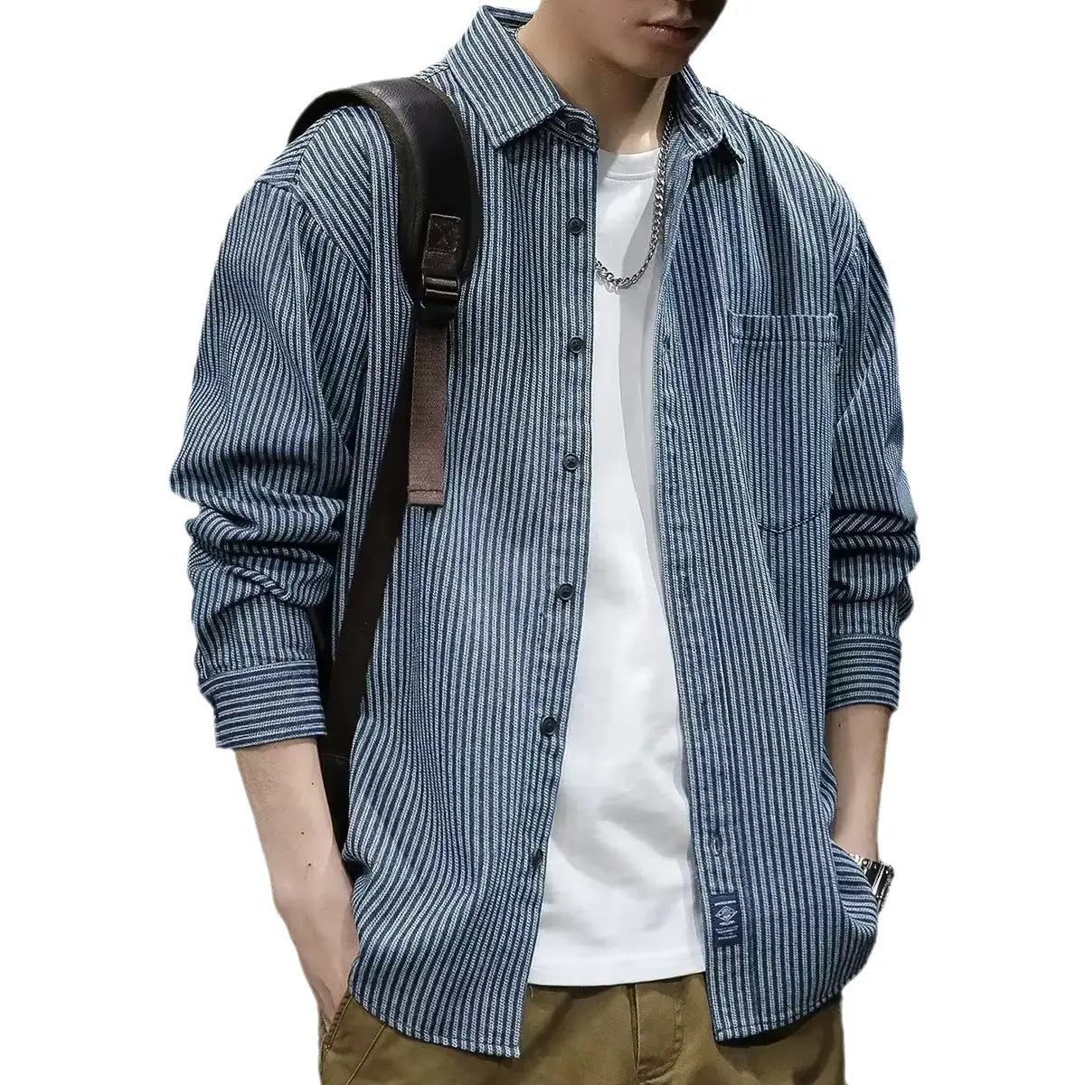 Men Blue Striped Long Sleeve Shirt Casual City Boy - Image 6