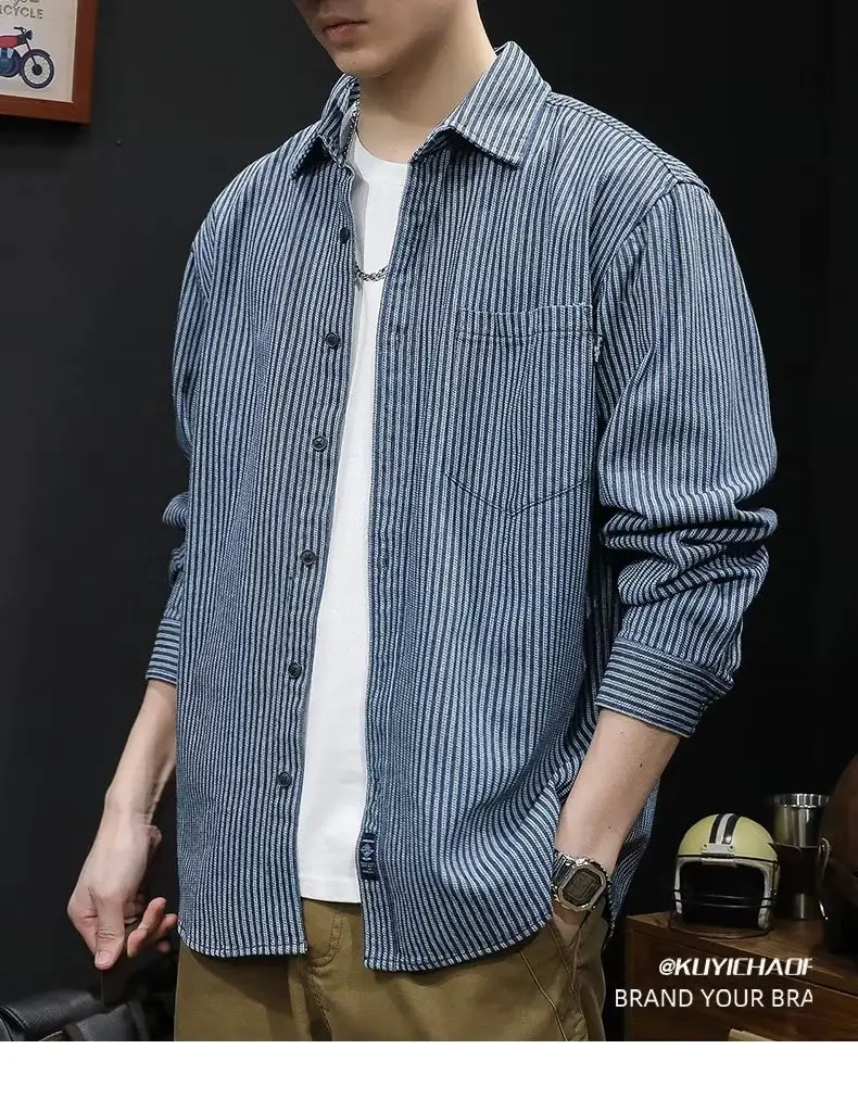Men Blue Striped Long Sleeve Shirt Casual City Boy — feature 12
