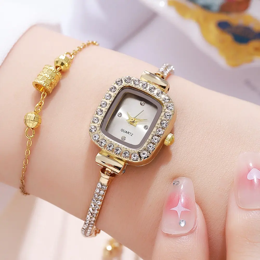 Gold Plated Square Dial Women's Bracelet Watch with Crystal Accents - Image 2