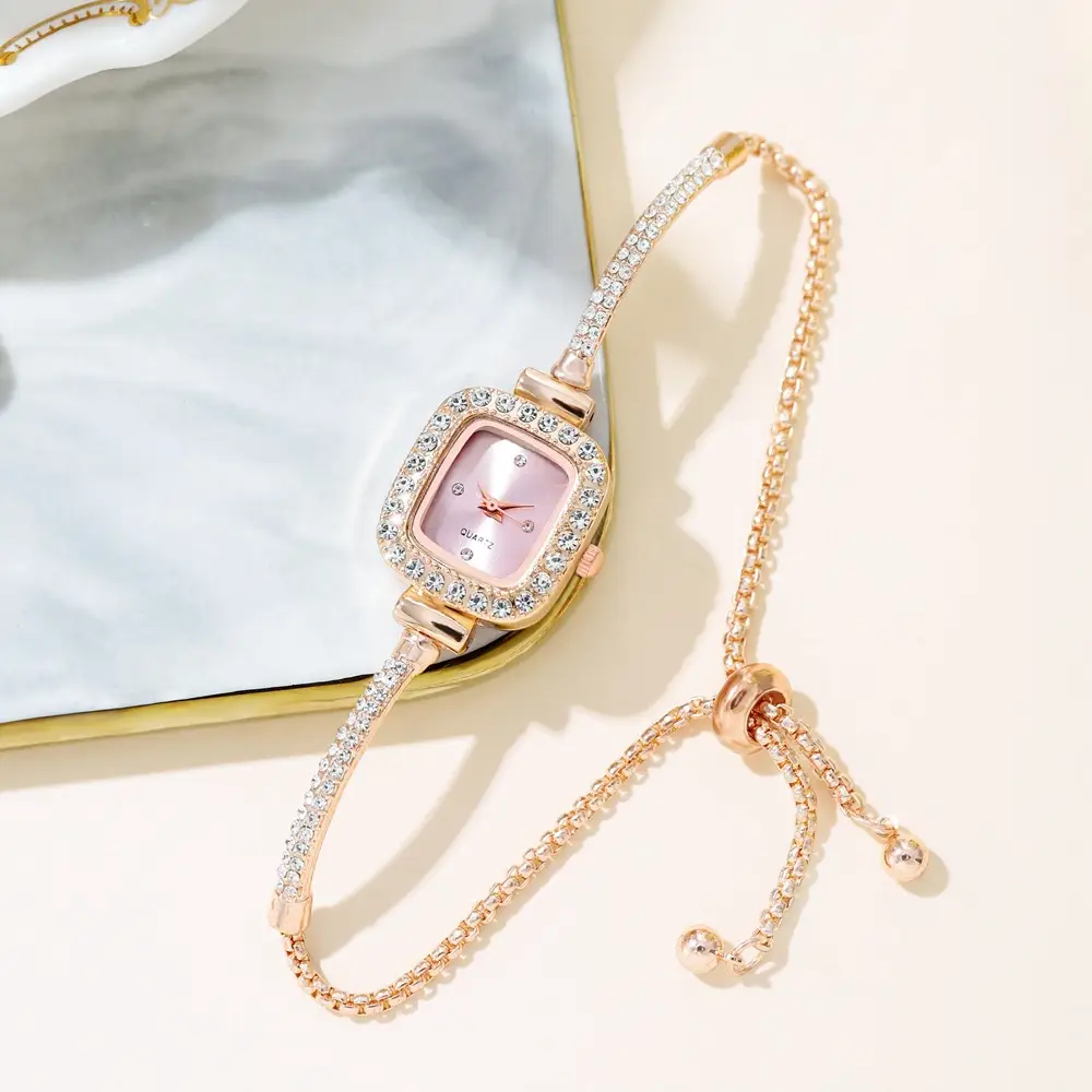 Gold Plated Square Dial Women's Bracelet Watch with Crystal Accents - Image 9