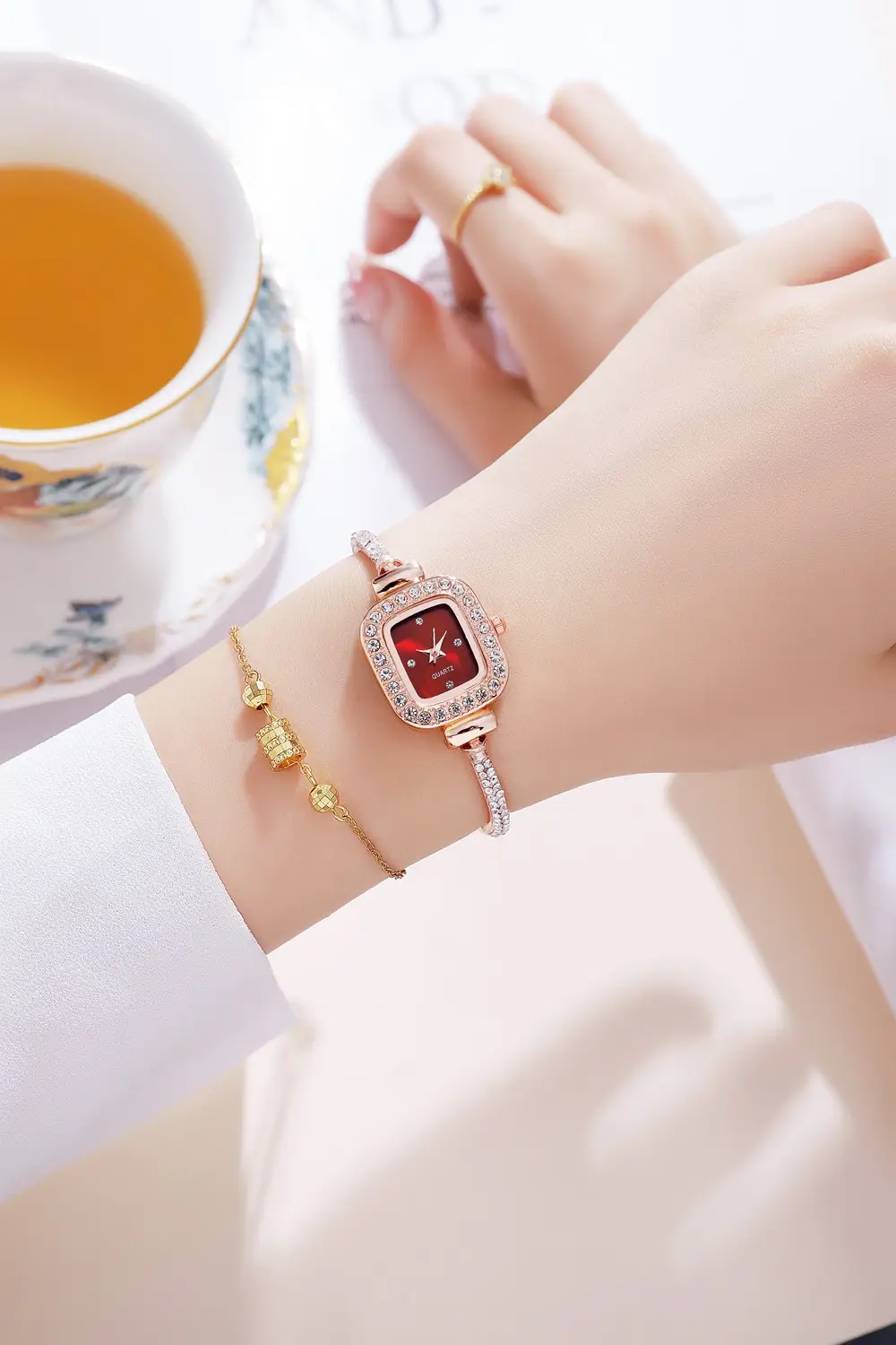 Gold Plated Square Dial Women's Bracelet Watch with Crystal Accents — feature 10