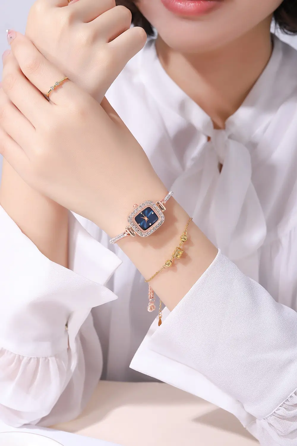 Gold Plated Square Dial Women's Bracelet Watch with Crystal Accents — feature 11
