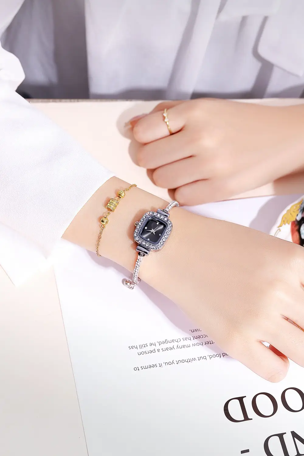 Gold Plated Square Dial Women's Bracelet Watch with Crystal Accents — feature 12