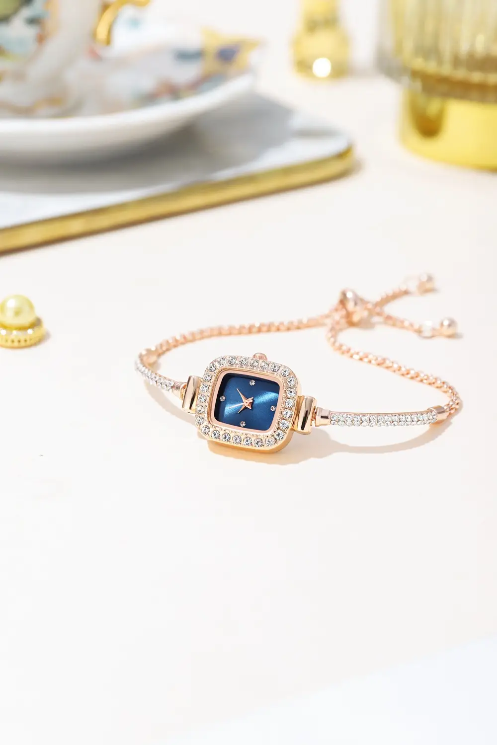 Gold Plated Square Dial Women's Bracelet Watch with Crystal Accents — feature 2