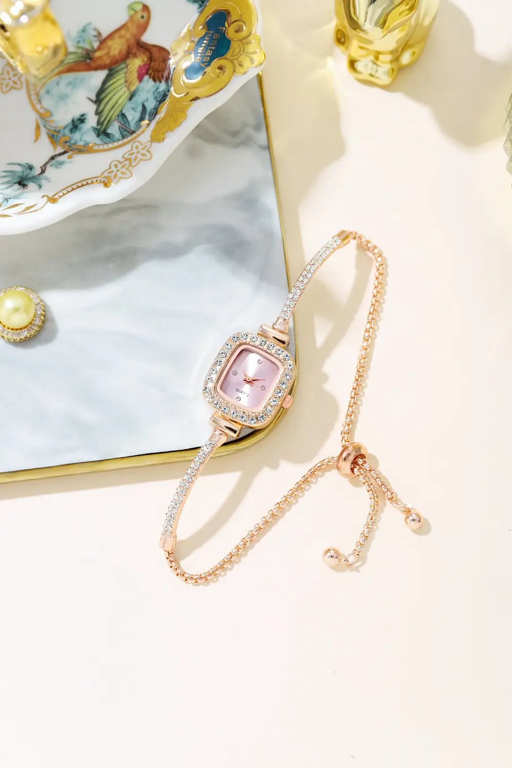 Gold Plated Square Dial Women's Bracelet Watch with Crystal Accents — feature 3