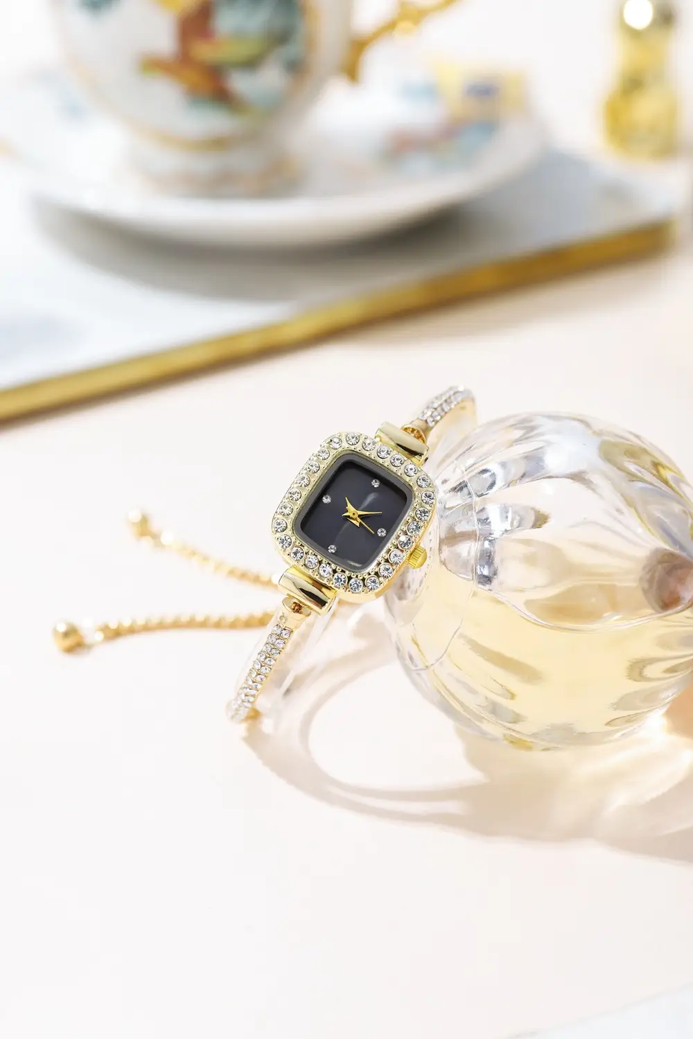 Gold Plated Square Dial Women's Bracelet Watch with Crystal Accents — feature 4