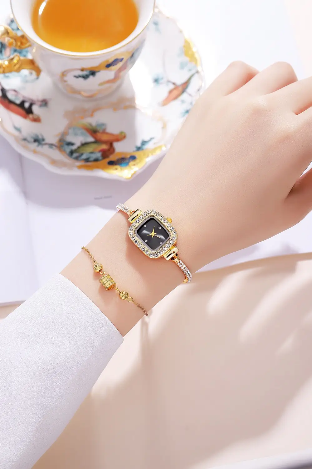 Gold Plated Square Dial Women's Bracelet Watch with Crystal Accents — feature 5