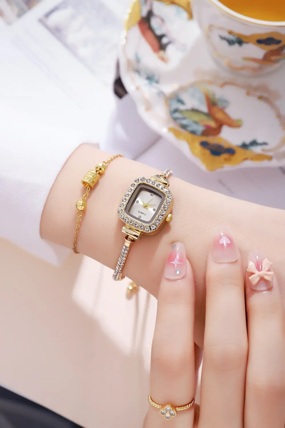 Gold Plated Square Dial Women's Bracelet Watch with Crystal Accents — feature 6