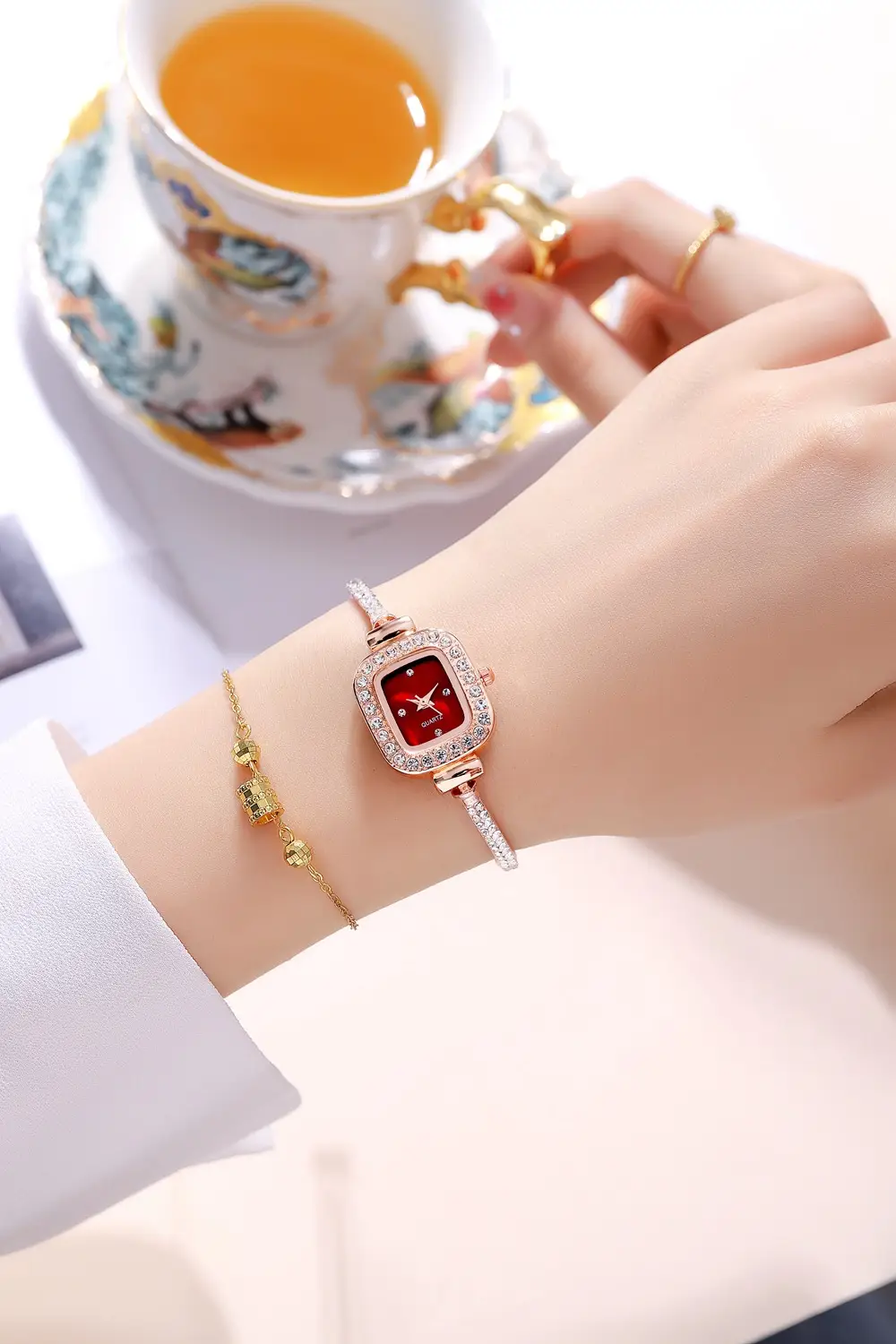 Gold Plated Square Dial Women's Bracelet Watch with Crystal Accents — feature 7