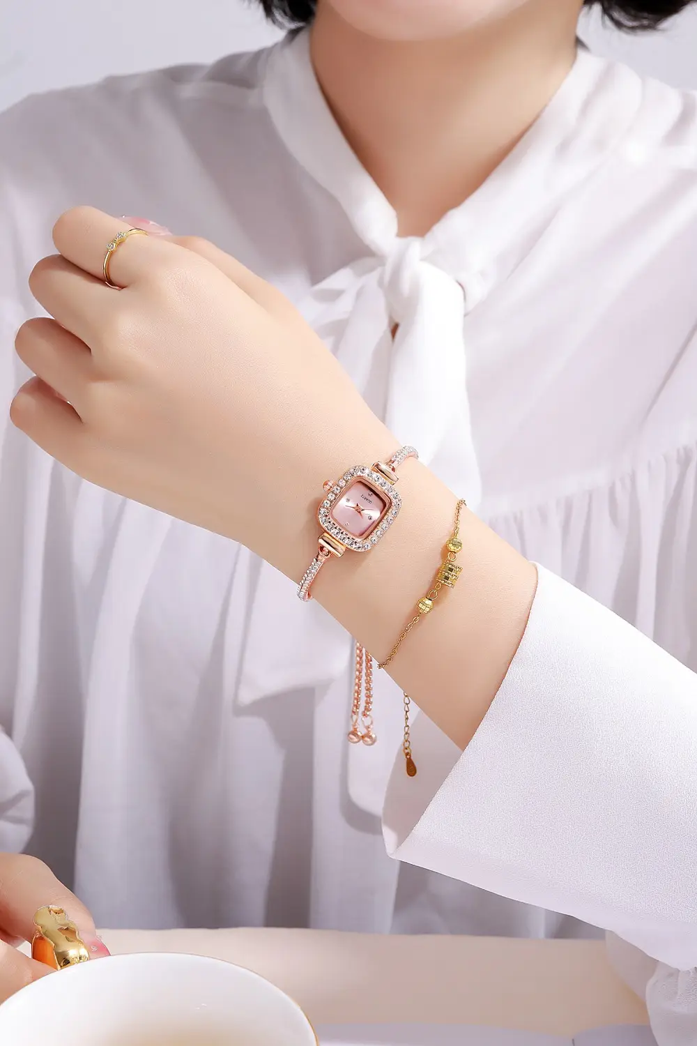Gold Plated Square Dial Women's Bracelet Watch with Crystal Accents — feature 8