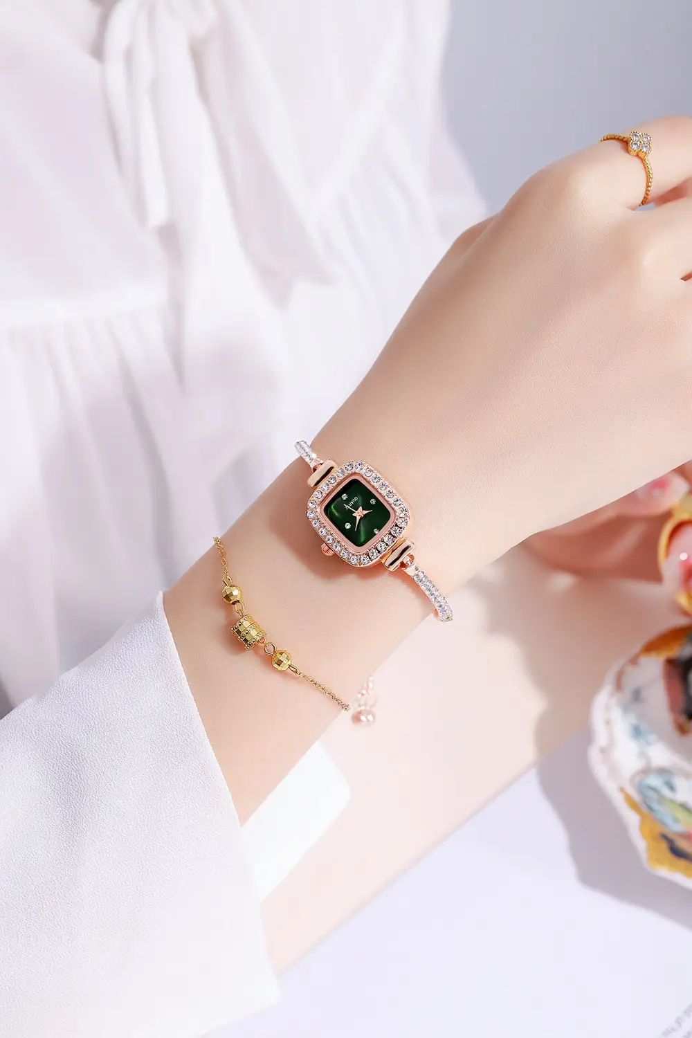 Gold Plated Square Dial Women's Bracelet Watch with Crystal Accents — feature 9