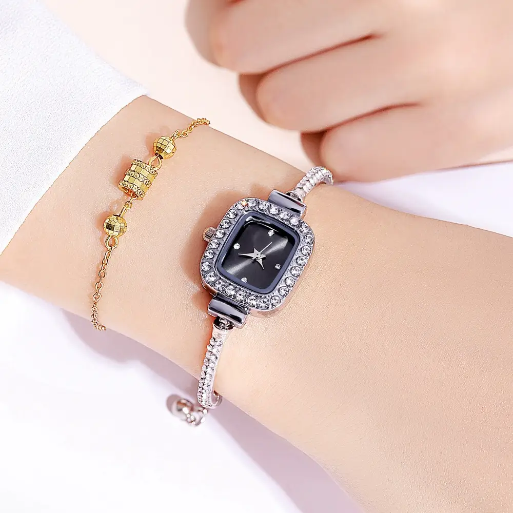 Gold Plated Square Dial Women's Bracelet Watch with Crystal Accents - Image 3