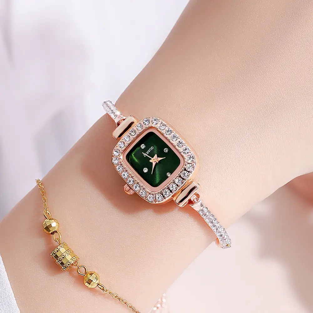 Gold Plated Square Dial Women's Bracelet Watch with Crystal Accents - Image 5