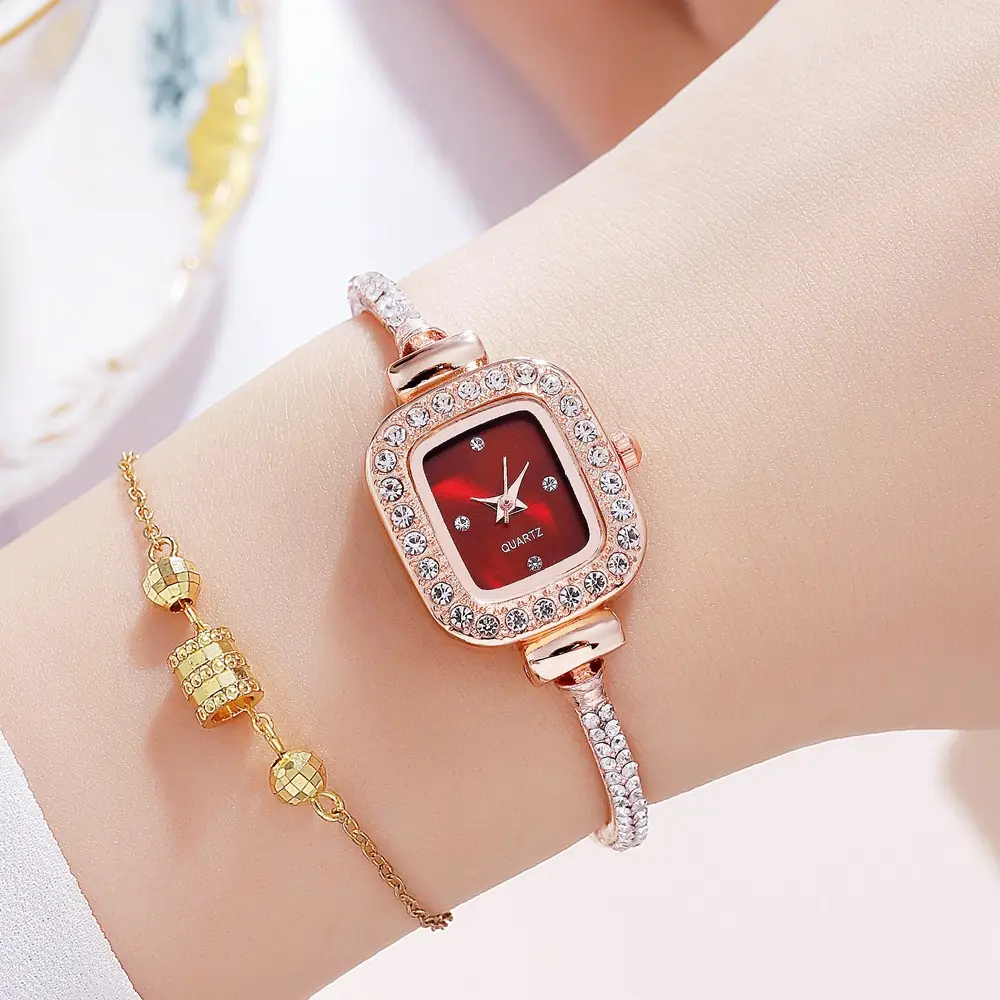 Gold Plated Square Dial Women's Bracelet Watch with Crystal Accents - Image 6