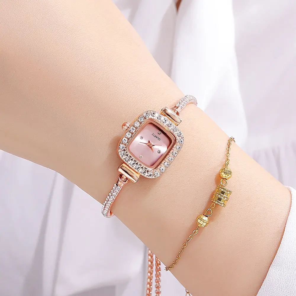 Gold Plated Square Dial Women's Bracelet Watch with Crystal Accents - Image 7