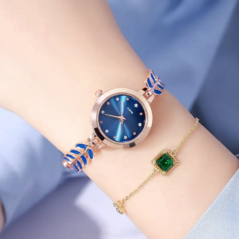 Women's Blue Dial Bracelet Watch with Green Gemstone - Image 3