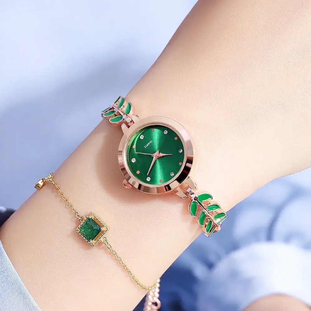 Women's Blue Dial Bracelet Watch with Green Gemstone - Image 4
