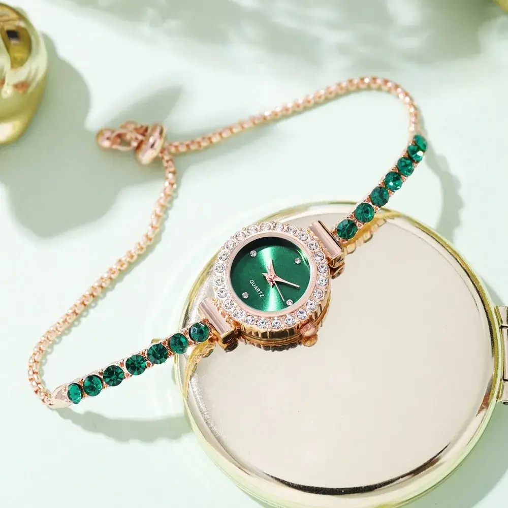 Pink Gemstone Women's Bracelet Watch Set - Image 7
